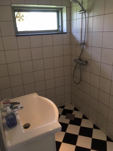 a bathroom with a sink and a shower at Rolsø Retreat - the apartment in Knebel
