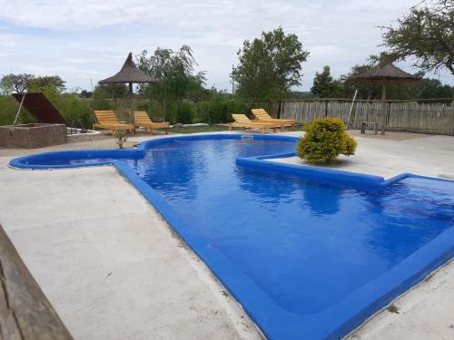 una gran piscina azul con sillas en un patio en Cabañas Aires de Campos en Colón