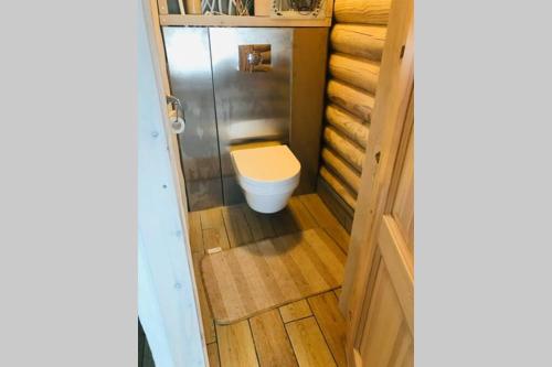 małą łazienkę z toaletą w pokoju w obiekcie Romantic stay at loghouse VäikeTeeMaja w mieście Üksnurme