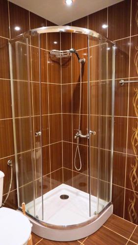 a shower with a glass door in a bathroom at Вила Делфин - Villa Delfin in Bŭlgarevo