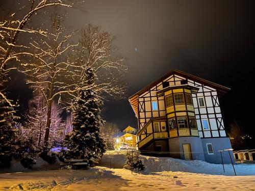 a house with a christmas tree in the snow at Vila Mudroň - Studio in Smokovce