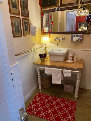 a bathroom with a sink and a red rug at B&B Binot in Carmagnola