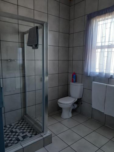 baño con ducha y aseo y ventana en Dream lodging apartment en Vanderbijlpark