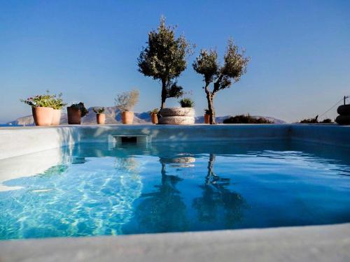 a swimming pool with blue water and some trees at Pambelos Lodge in Koufonisia