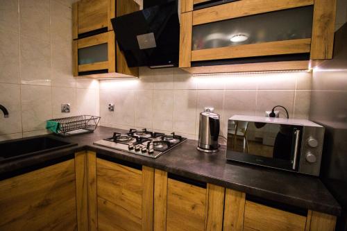 a kitchen with a stove and a microwave at Willa Ostrzyce in Ostrzyce