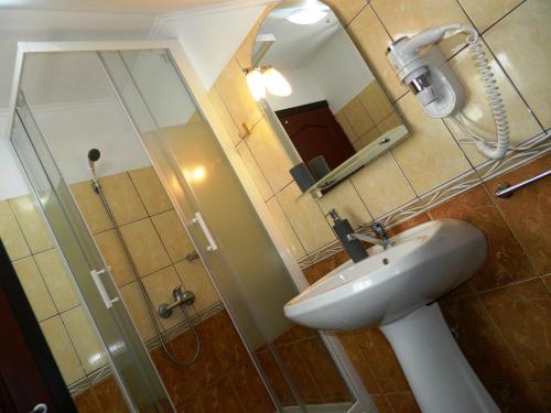 a bathroom with a shower and a sink and a mirror at Alpenhaus in Voineasa