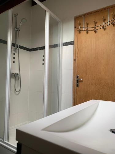 ein Bad mit einer Dusche und einem weißen Waschbecken in der Unterkunft Belle chambre spacieuse in Neuilly-Plaisance