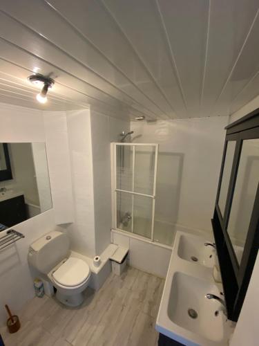 une salle de bain blanche avec des toilettes et un lavabo dans l'établissement Chambre calme (Mercure) - proche Paris et TGV, à Massy