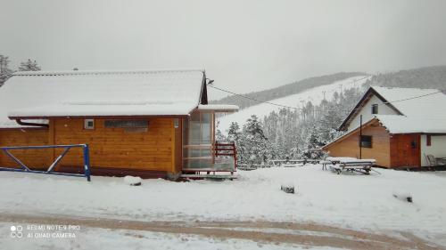a wooden cabin in the snow with a picnic table at Andrića Sokak 2 in Divčibare