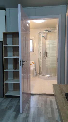 baño con ducha y puerta de cristal en Studio Mangales, en Santa Cruz de la Sierra
