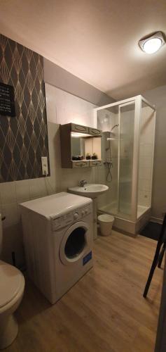 ein Badezimmer mit Waschmaschine und Waschbecken in der Unterkunft Appartement RDC Centre Cabourg in Cabourg