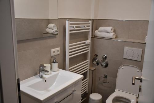 a small bathroom with a sink and a toilet at Vicky´s Ferienwohnung Am Nordertor in Flensburg