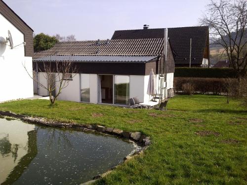 a house with a pond in front of it at Ferienappartment Allendorf in Sundern