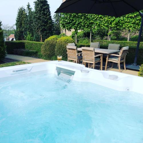 uma grande piscina com uma mesa e um guarda-sol em Le fond d'Or em Borgloon