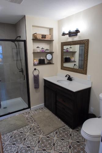 a bathroom with a sink and a shower and a toilet at Moonshadow B&B in Hammondsport