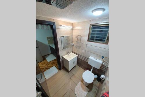 a bathroom with a toilet and a sink and a mirror at comfy snow night 1 in Majdal Shams