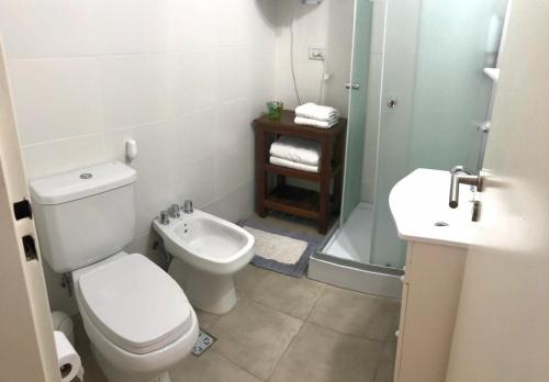 a bathroom with a toilet and a shower and a sink at Andoli 1 in Santa Rosa