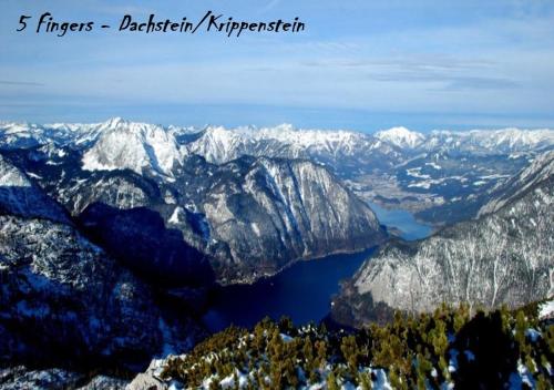 a view of a snowy mountain range with a lake at Ferienwohnungen Jodlbauerhof in Weyregg