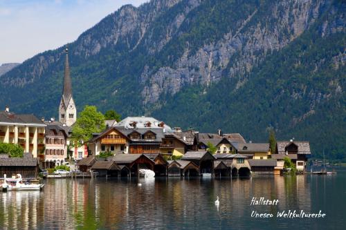 a town on the water in front of a mountain at Ferienwohnungen Jodlbauerhof in Weyregg