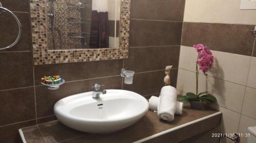 a bathroom with a sink and a flower on a counter at Miriam Luxury apartment in Zakynthos Town