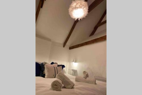 a bedroom with a large bed with a chandelier at The Nest - St Ives in St Ives