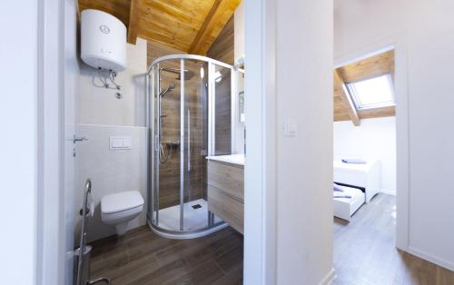 a bathroom with a shower and a toilet and a sink at Apartmani Klara in Stomorska