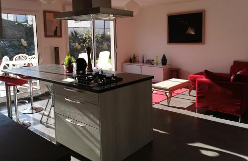 uma cozinha com uma placa de fogão numa sala de estar em Chez Frédéric em Tomblaine