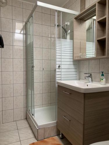比克的住宿－內梅特旅館，带淋浴、盥洗盆和浴缸的浴室