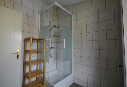 a shower with a glass door in a bathroom at Ferienzimmer 2021 in Graz