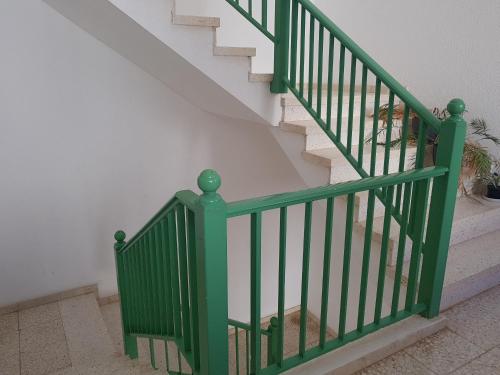 a green staircase with a dog sitting on the floor at laurainu in Puerto del Rosario