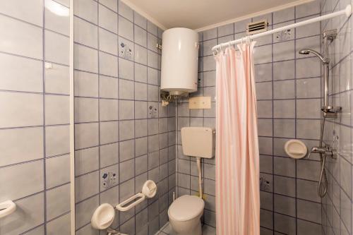 uma casa de banho em azulejos azuis com um WC e um chuveiro em La Zattera em Porto Santa Margherita di Caorle