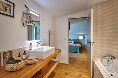 a bathroom with a sink and a mirror at BEL AIR MAISON D'HOTES DES LANDES in Castets