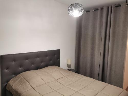 Un dormitorio con una cama y una lámpara de araña. en plaisirs de savoie, en Aix-les-Bains