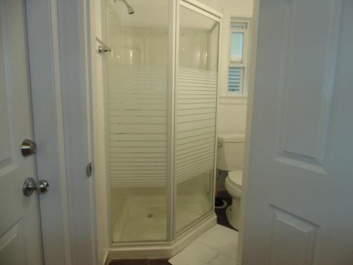a glass shower in a bathroom with a toilet at Gordon's Guest House in Vancouver