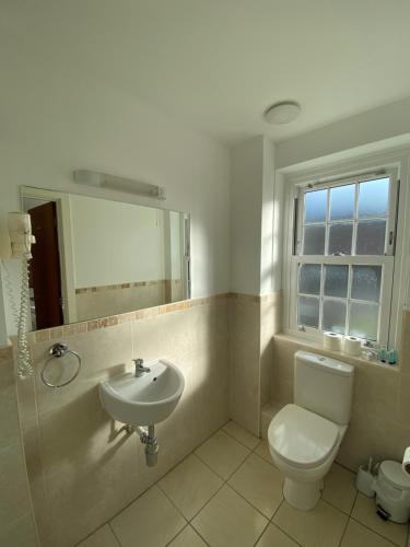 a bathroom with a toilet and a sink and a mirror at Wendover Arms Hotel in High Wycombe