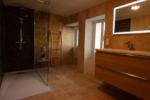 y baño con ducha, lavabo y espejo. en Les ammonites gîte de charme en Bourgogne, en Guillon