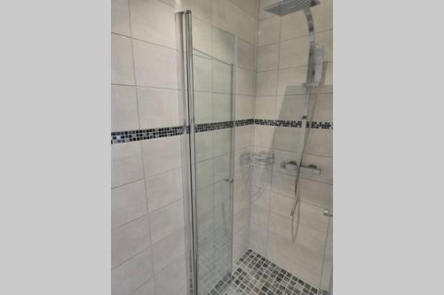 a shower with a glass door in a bathroom at Les ammonites gîte de charme en Bourgogne in Guillon
