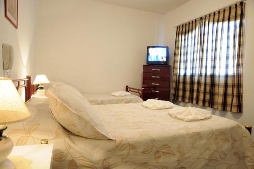 a bedroom with two beds and a television in it at Hotel Salerno in Villa Carlos Paz