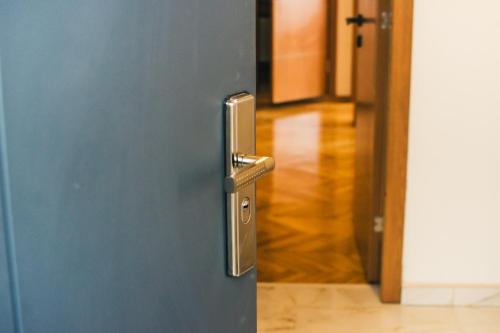 a door with a metal handle and a hallway at Aparment Theatre in Niš