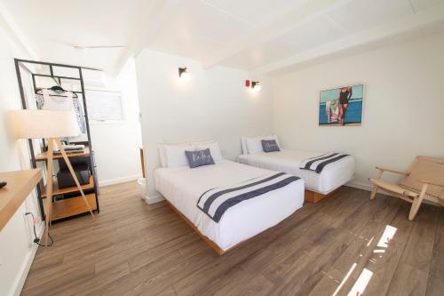 Habitación con 2 camas, paredes blancas y suelo de madera. en Endless Coast, A Boutique Hotel, en Wellfleet