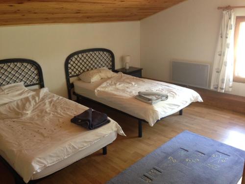 1 dormitorio con 2 camas y alfombra azul en Les Reves B&B Chambres d'Hotes et Table d'Hotes en Arques