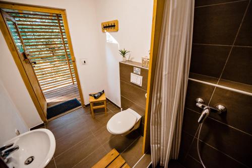 y baño con aseo, lavabo y ducha. en Glamping FOREST EDGE, en Kamnik