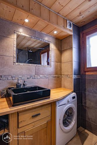 une salle de bain avec un lavabo et une machine à laver dans l'établissement La Soldanelle, à Lanslevillard