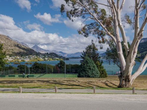 a tree in a park with a tennis court at Lake Avenue Studio in Queenstown