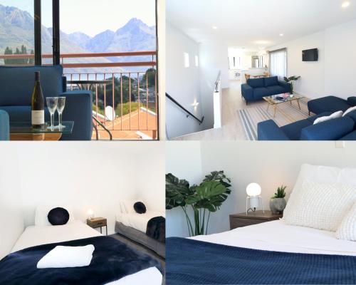 a collage of photos of a bedroom and a living room at Close to the Action - In Town - Spa Pool in Queenstown