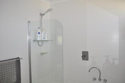 a bathroom with a shower with a glass door at Page 3BR House, Free WiFi, Netflix, Parking in Weetangerra