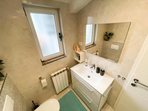 łazienka z umywalką, toaletą i lustrem w obiekcie Villa Palma Rovinj w Rovinj
