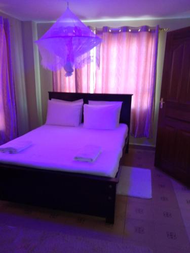 a bedroom with a bed with a purple light at Crown Hotel Kericho in Kericho