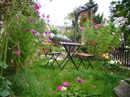 einen Tisch und Stühle in einem Garten mit Blumen in der Unterkunft B&B de charme La Maison des 5 Temps in Ferrette