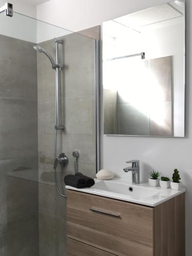 a bathroom with a sink and a shower with a mirror at Ses Gavines-Cala Anguila Apartments in Porto Cristo
